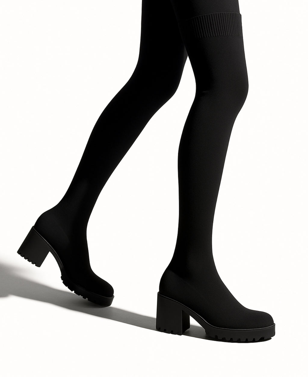 Bottes Cuissardes Noires en Tricot Extensible Premium , Style Luxe Élégant, Confort 4 Saisons, Talon Bloc Stable, Polyvalentes pour Robes, Jeans et Tenues Chic