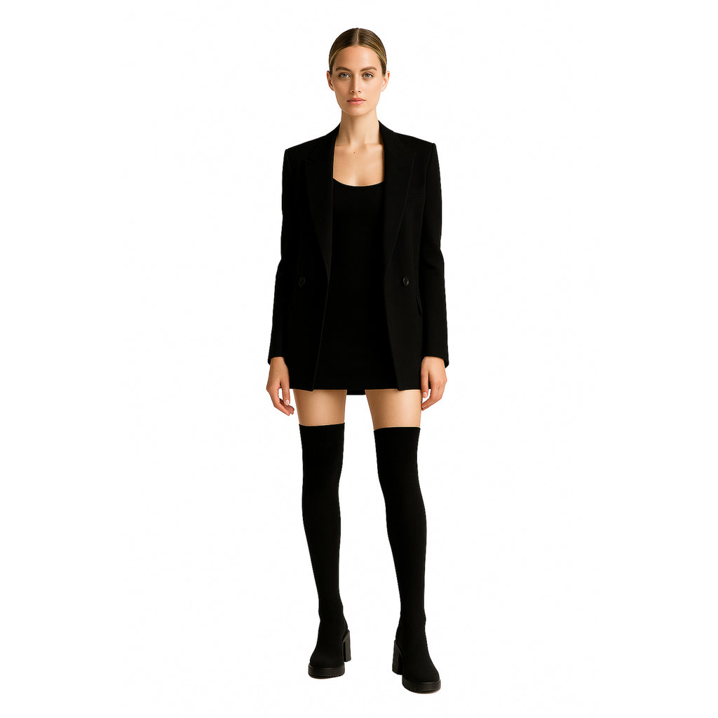Bottes Cuissardes Noires en Tricot Extensible Premium , Style Luxe Élégant, Confort 4 Saisons, Talon Bloc Stable, Polyvalentes pour Robes, Jeans et Tenues Chic