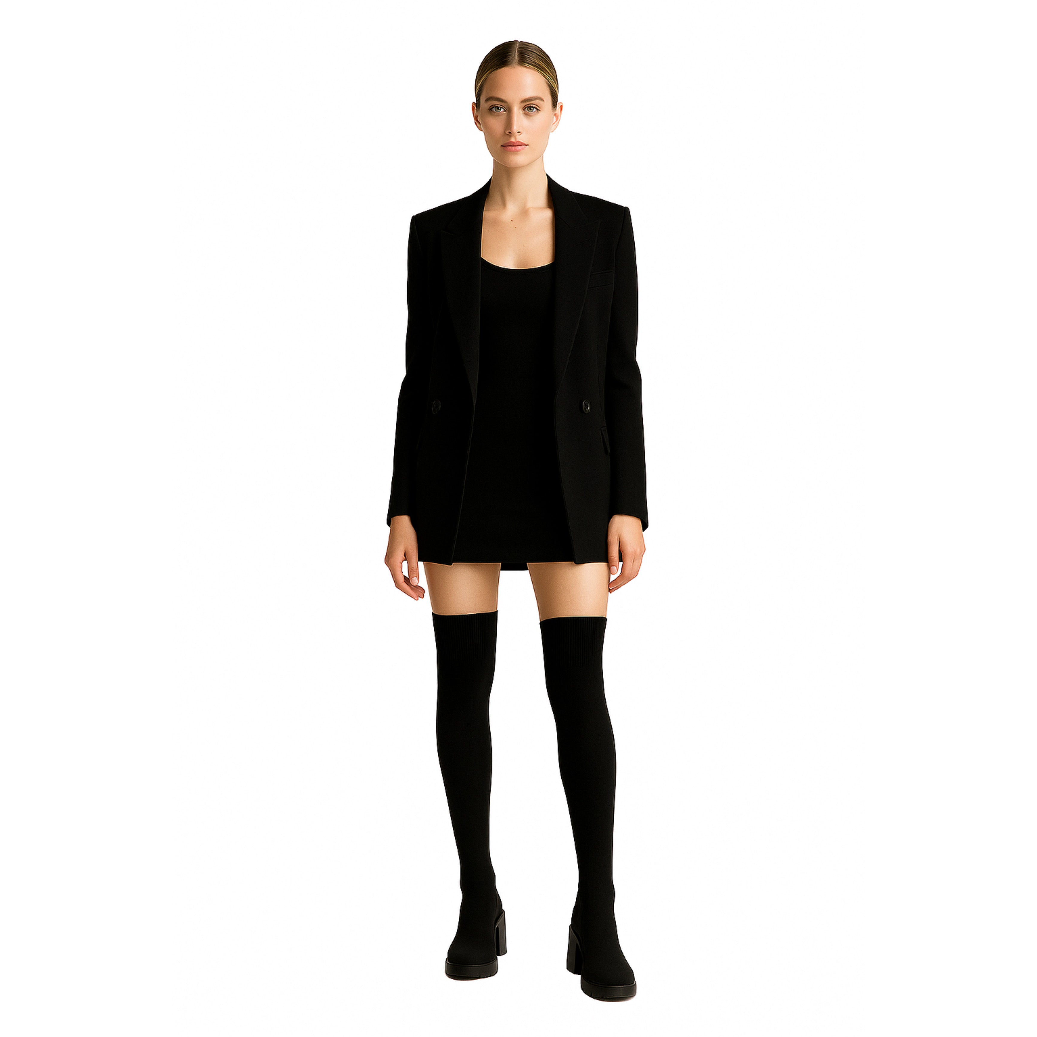 Bottes Cuissardes Noires en Tricot Extensible Premium , Style Luxe Élégant, Confort 4 Saisons, Talon Bloc Stable, Polyvalentes pour Robes, Jeans et Tenues Chic
