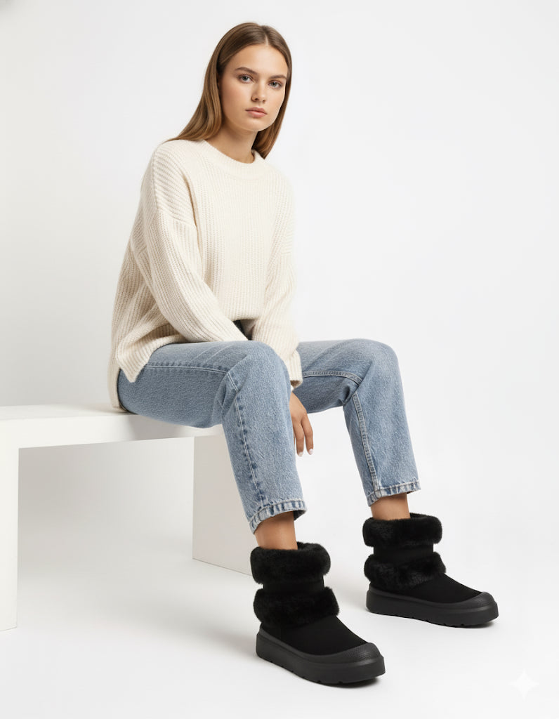 Winterboot Fluffy™️ – Black mid-ankle platform boots with full faux-fur lining, cozy urban style