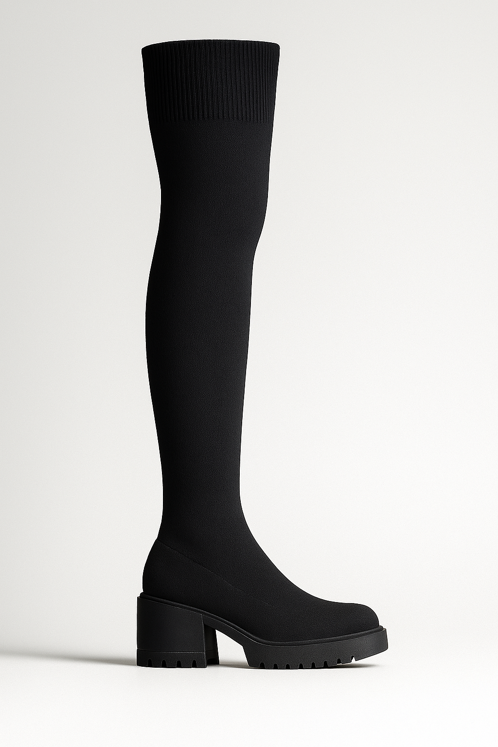 Bottes Cuissardes Noires en Tricot Extensible Premium , Style Luxe Élégant, Confort 4 Saisons, Talon Bloc Stable, Polyvalentes pour Robes, Jeans et Tenues Chic