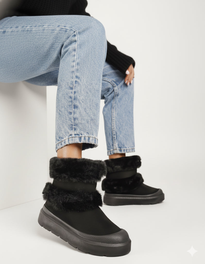 Winterboot Fluffy™️ – Black mid-ankle platform boots with full faux-fur lining, cozy urban style
