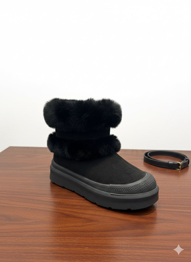 Winterboot Fluffy™️ – Black mid-ankle platform boots with full faux-fur lining, cozy urban style
