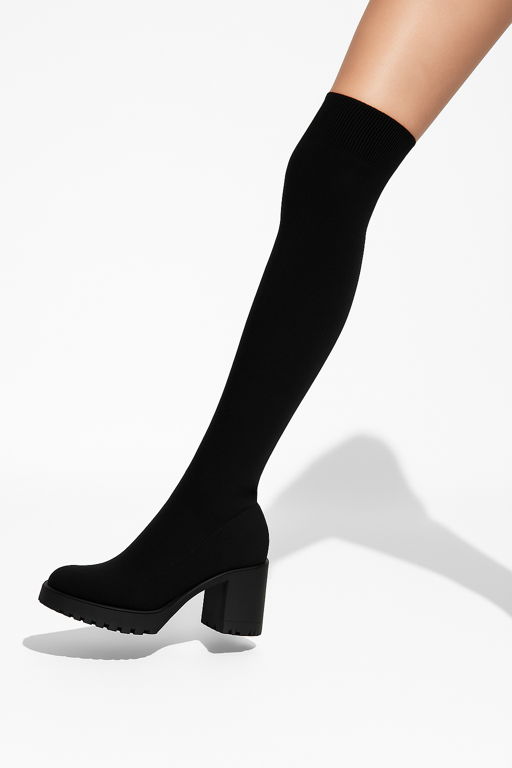 Bottes Cuissardes Noires en Tricot Extensible Premium , Style Luxe Élégant, Confort 4 Saisons, Talon Bloc Stable, Polyvalentes pour Robes, Jeans et Tenues Chic
