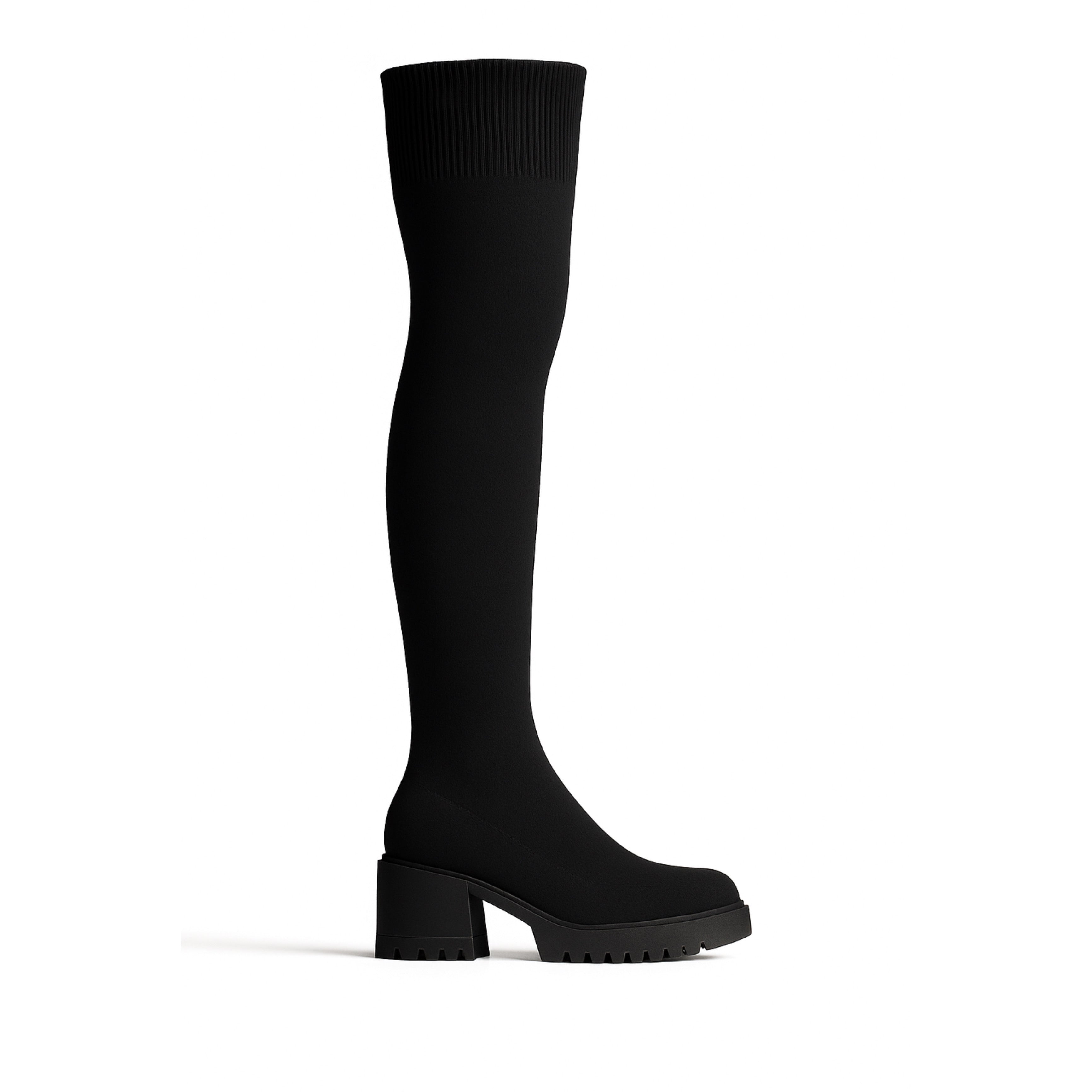 Bottes Cuissardes Noires en Tricot Extensible Premium , Style Luxe Élégant, Confort 4 Saisons, Talon Bloc Stable, Polyvalentes pour Robes, Jeans et Tenues Chic