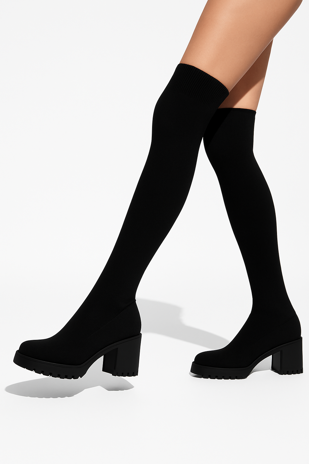 Bottes Cuissardes Noires en Tricot Extensible Premium , Style Luxe Élégant, Confort 4 Saisons, Talon Bloc Stable, Polyvalentes pour Robes, Jeans et Tenues Chic